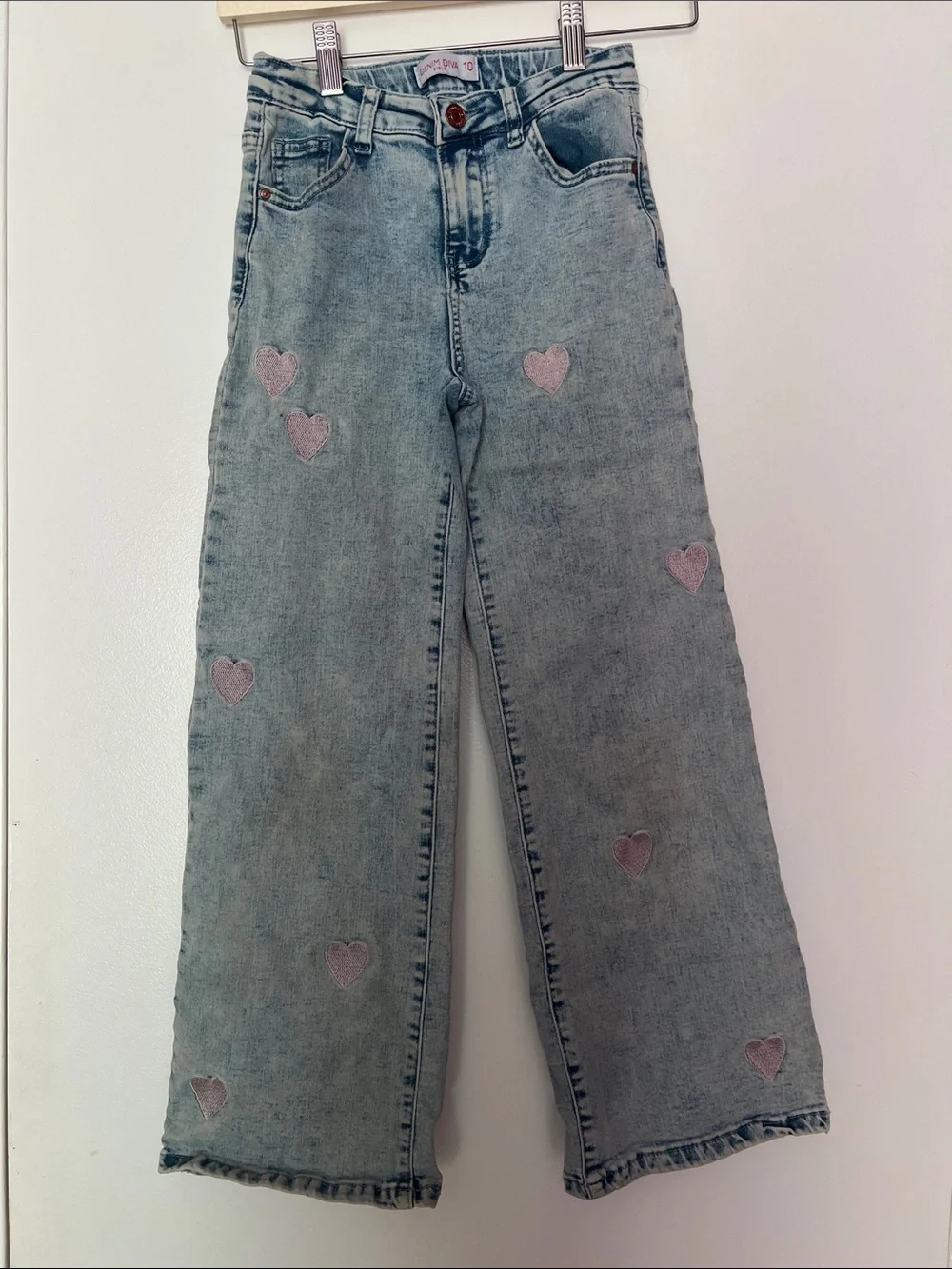 Light Wash Kids Jeans with Pink Heart Accents